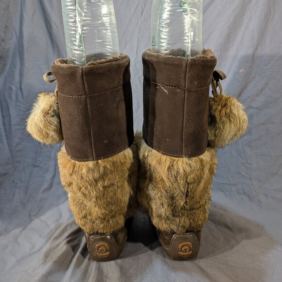 Manitobah Mukluks Brown Suede Rabbit Fur Beaded Mid-Calf Winter Boots - Picture 4 of 10